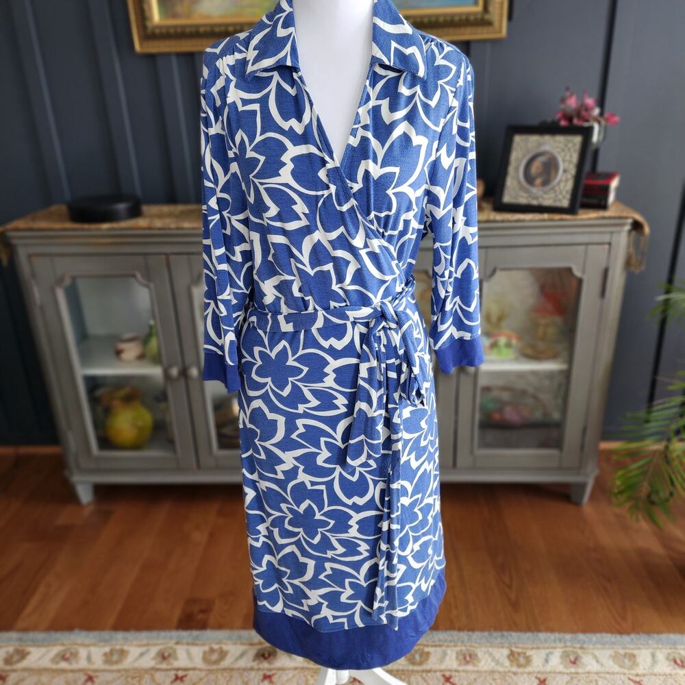 Boden Blue White Floral Jersey Wrap Dress US 14 Coastal Chic